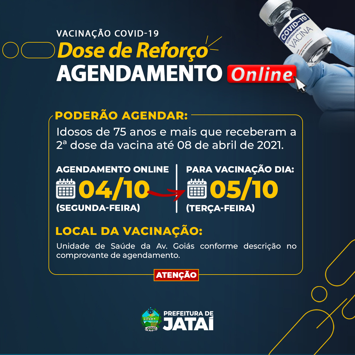 Comunicado Dose De Reforco Da Vacina Contra Covid 19 Para Idosos De 75 Anos E Mais Continua Nesta Terca Feira Agendamento Online Prefeitura De Jatai